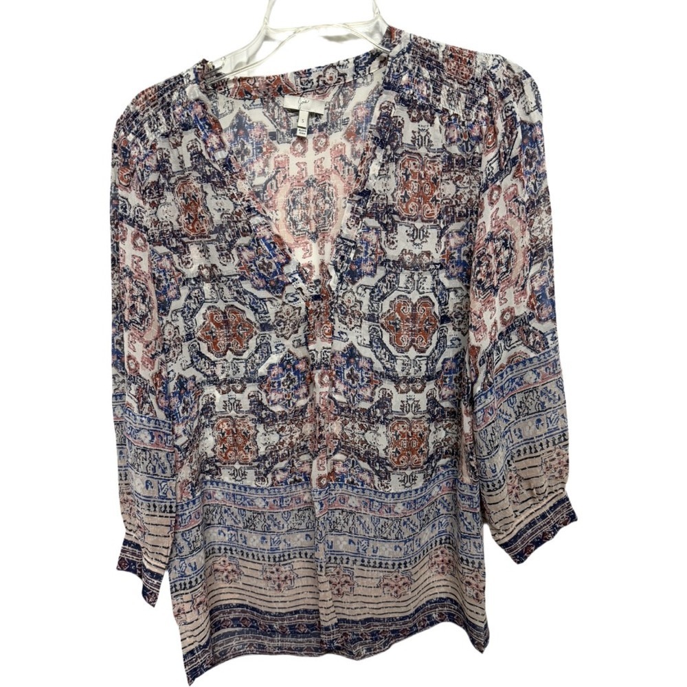 Joie Womens Silk Top Blouse SZ S Multicolor Printed Boho V Neck Ruched Shoulder - Picture 1 of 6